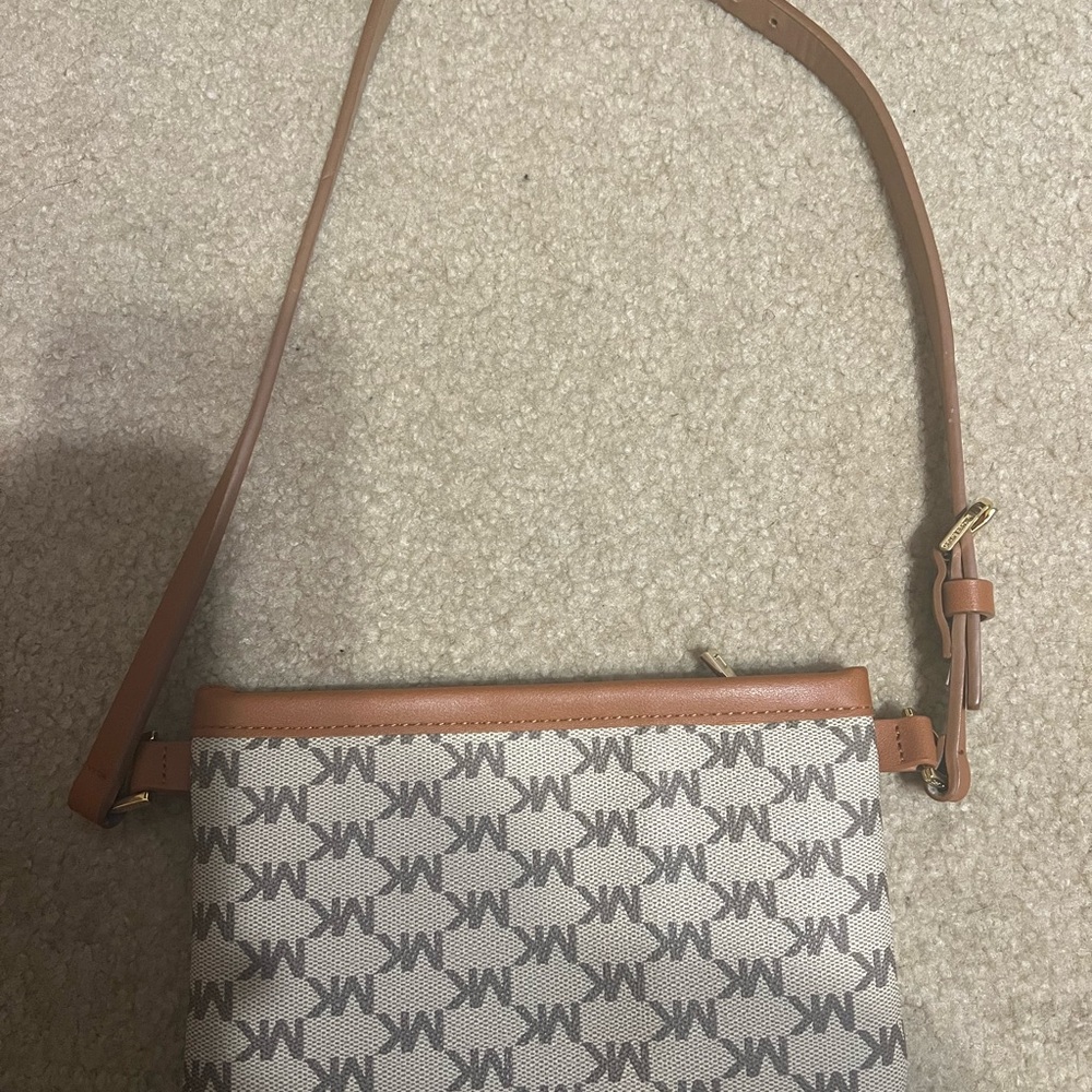Michael Kors Tan and Cream Crossbody Bag with Signature MK Pattern